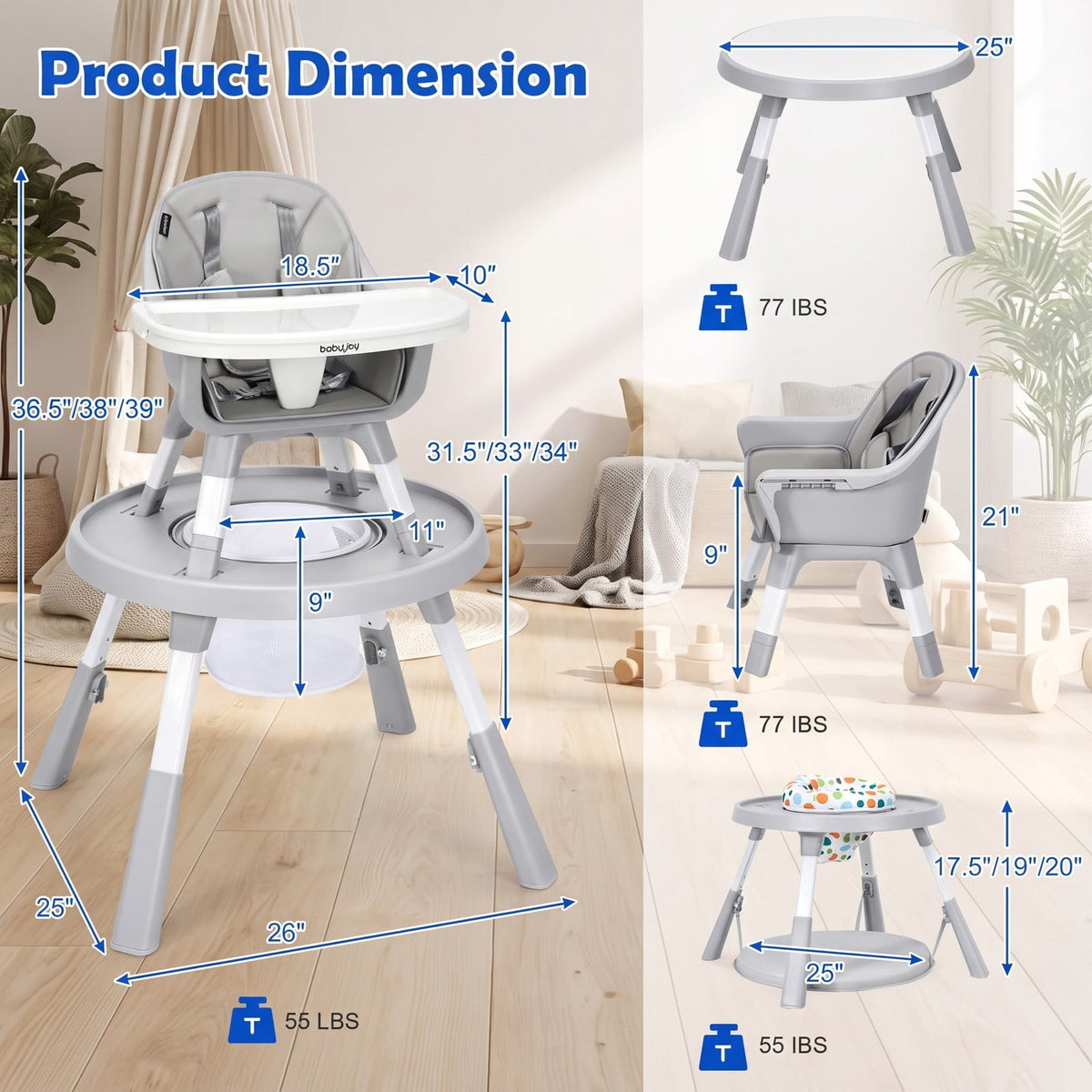 Airfind 5-in-1 Baby Highchair with Height Adjustable and 2-Tier Tray Storage Busket, Iron PP ABS Frame, 26 x 25 x 36.5 Footprint, Gray