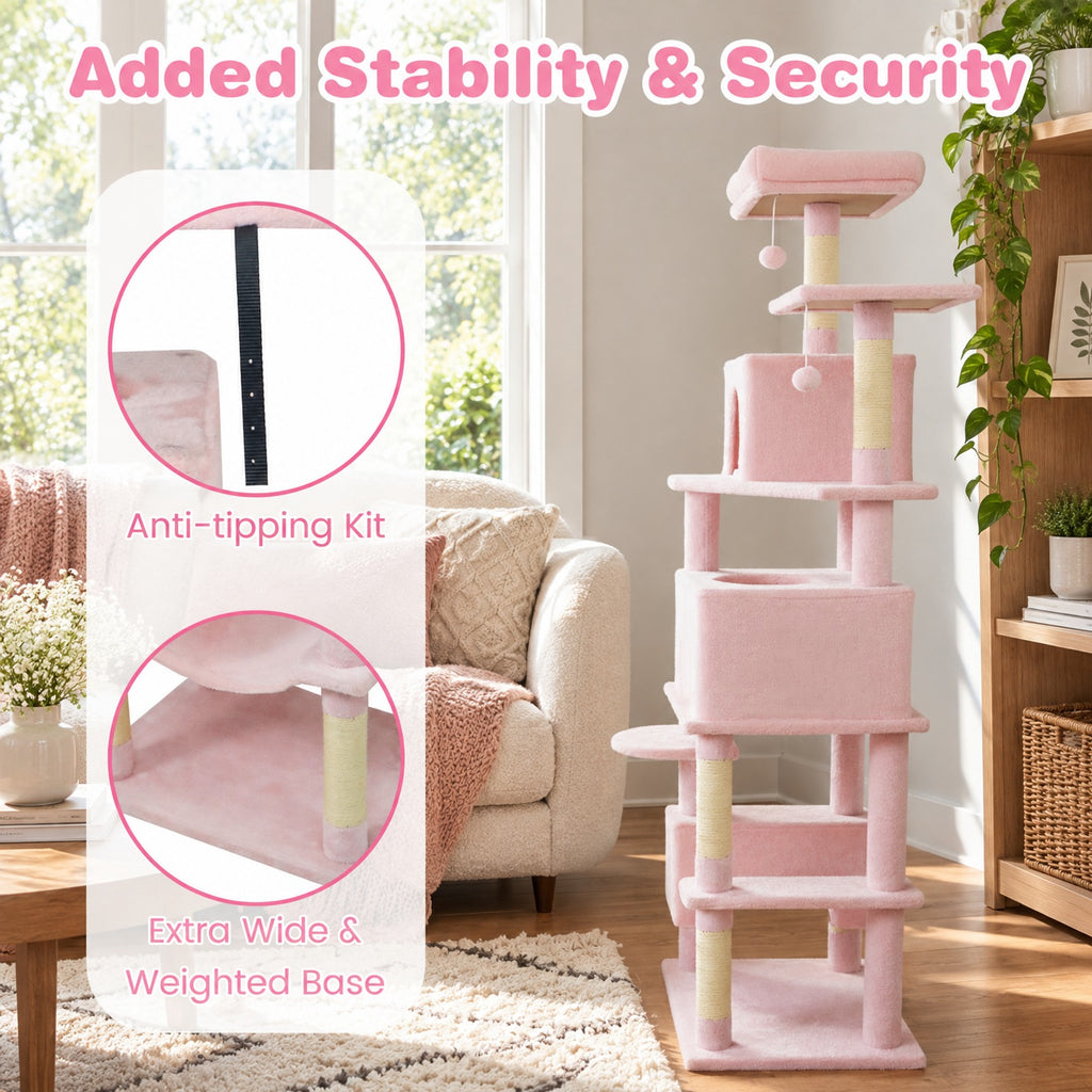 Airfind Multi-level Cat Tree Modern Cat Tower with Upholstered Perch and 2 Cat Condo, 24 x 18.5 Footprint, Pink