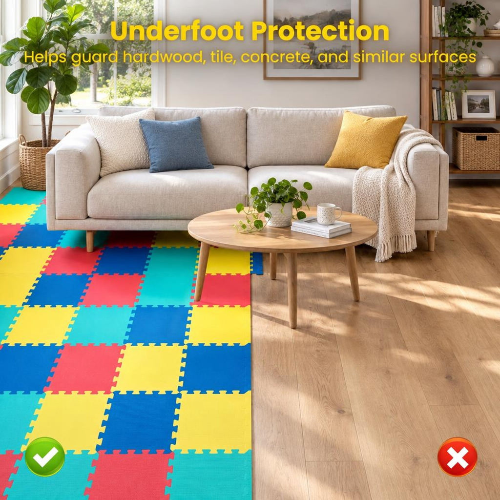 Airfind 18 Pack Interlocking EVA Foam Floor Tiles with Boarders, EVA Foam Frame, 72 Inch x 37 Inch x 0.4 Inch Footprint, Multicolor