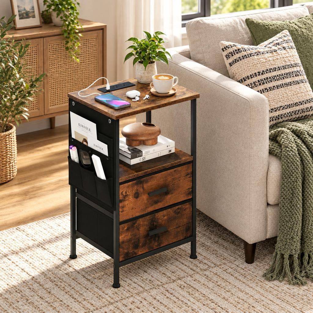 Airfind End Table with Charging Station Set of 1 Nightstand with 2 Folding Fabric Drawers, 110 lbs Capacity, Rustic Brown + Black