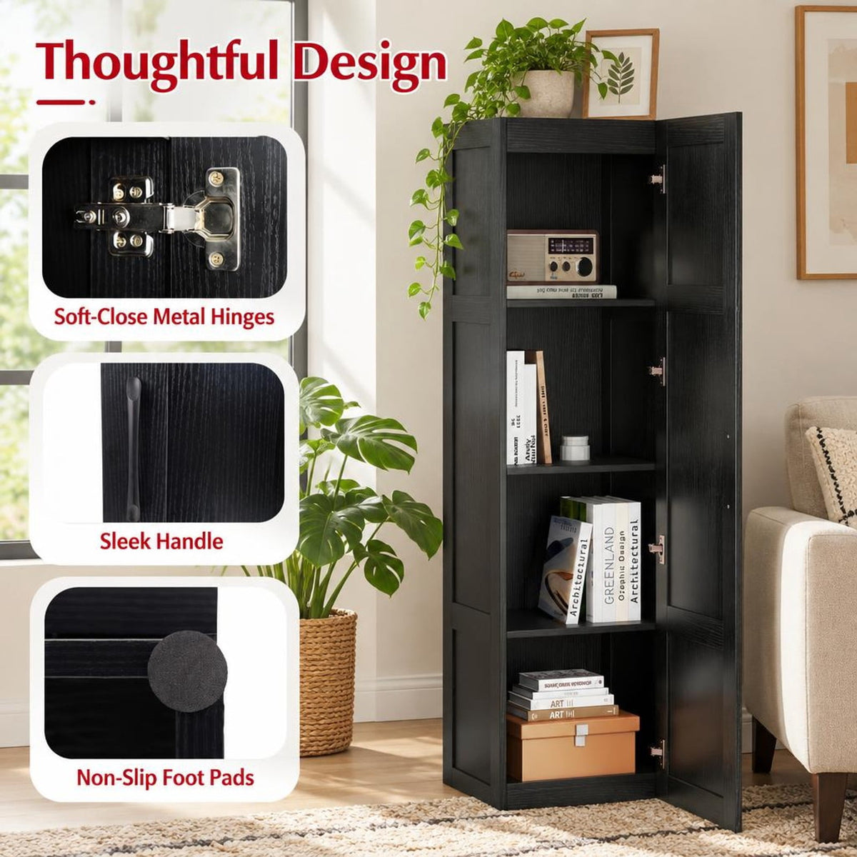 Airfind Tall Storage Cabinet with 4 Storage Shelves for Bathroom Living Room, 110 lbs Capacity, Engineered Wood MDF Frame, 16in x 15in x 59in Footprint