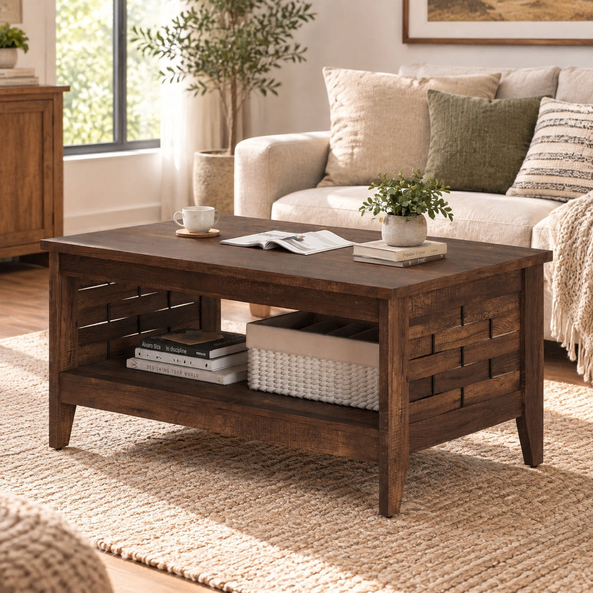 Airfind 2-Tier Farmhouse Coffee Table with Open Shelf and Woven Decorations for Living Room, 135 lbs Capacity, Engineered Wood MDF Frame, Coffee