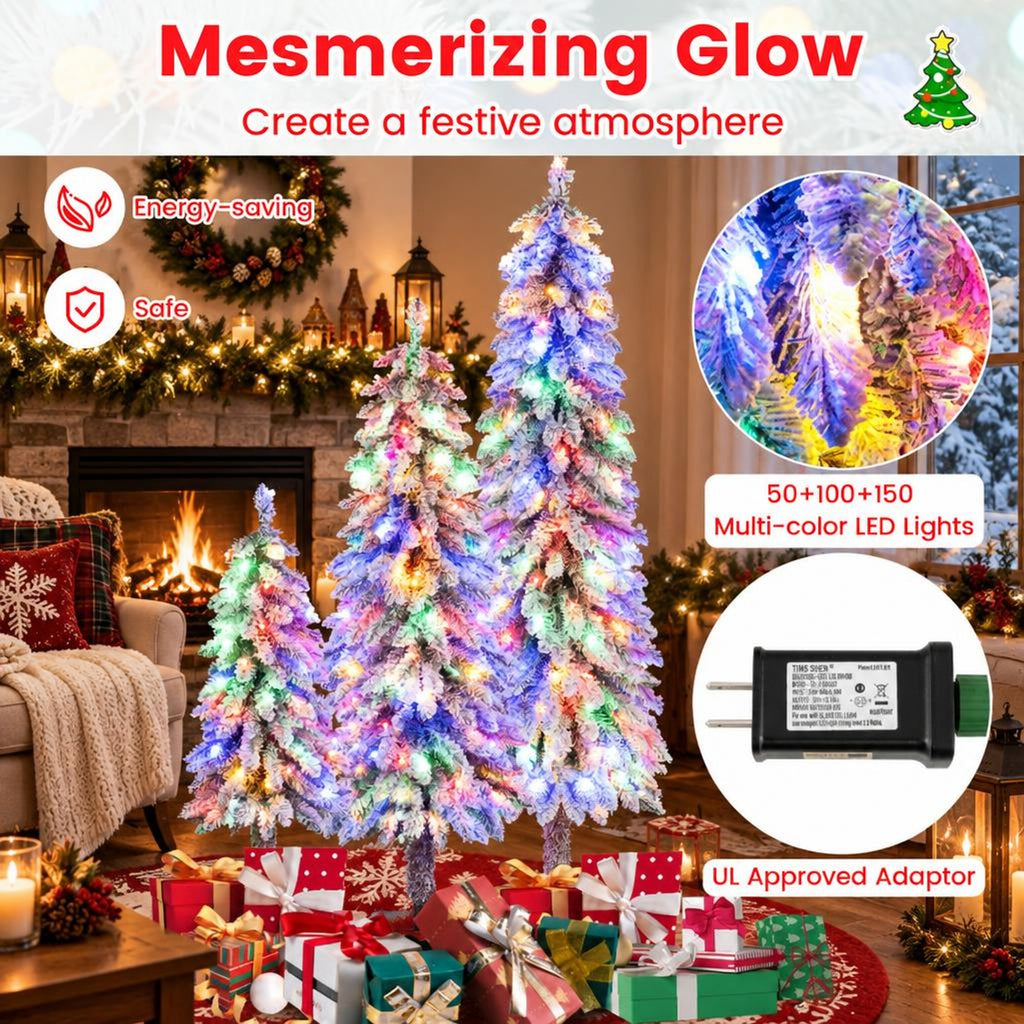 Airfind Artificial Christmas Tree Set of 3 with Snow, PVC Metal Tree Height 3 ft Tree Width 18in Base Frame, Green + White