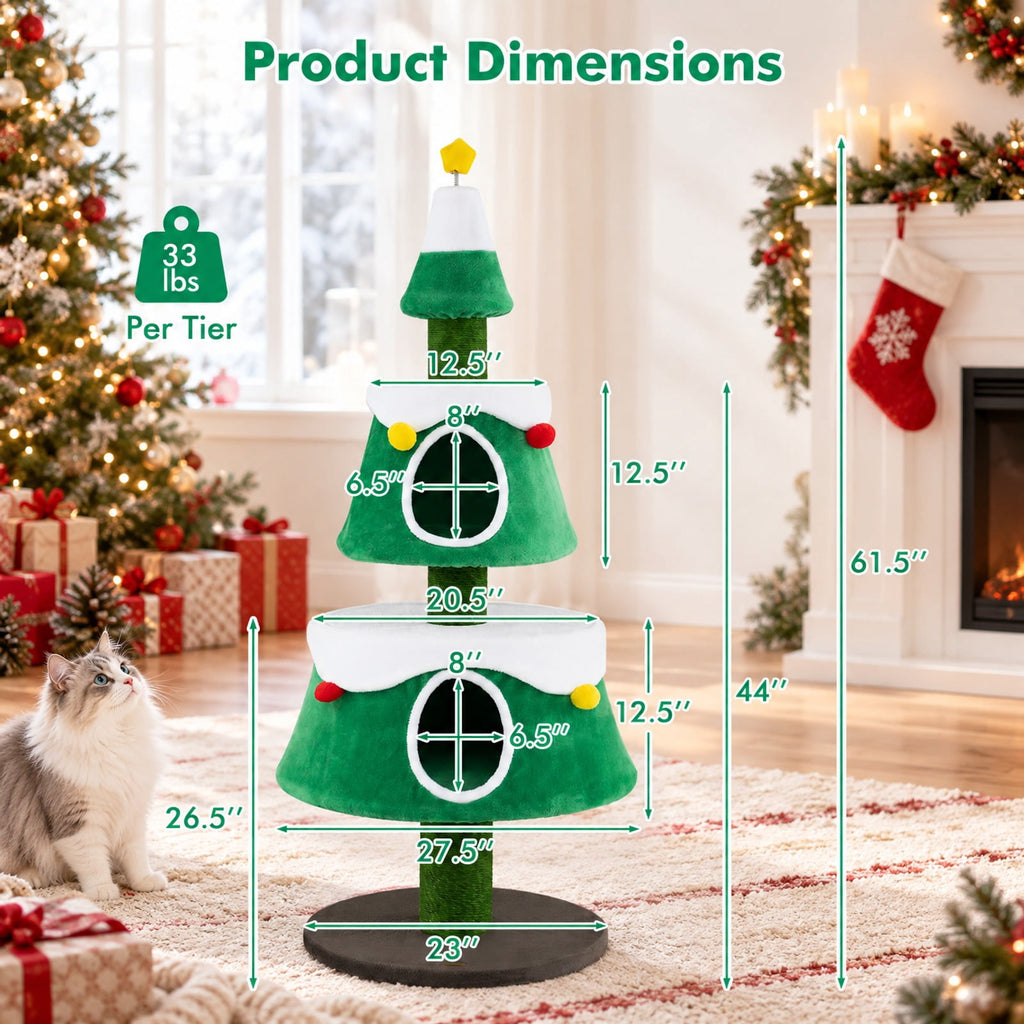 Airfind 61.5in Cat Christmas Tree for Indoor Kittens with 2 Large Condos Star Spring Toy and Decorative Balls, Green