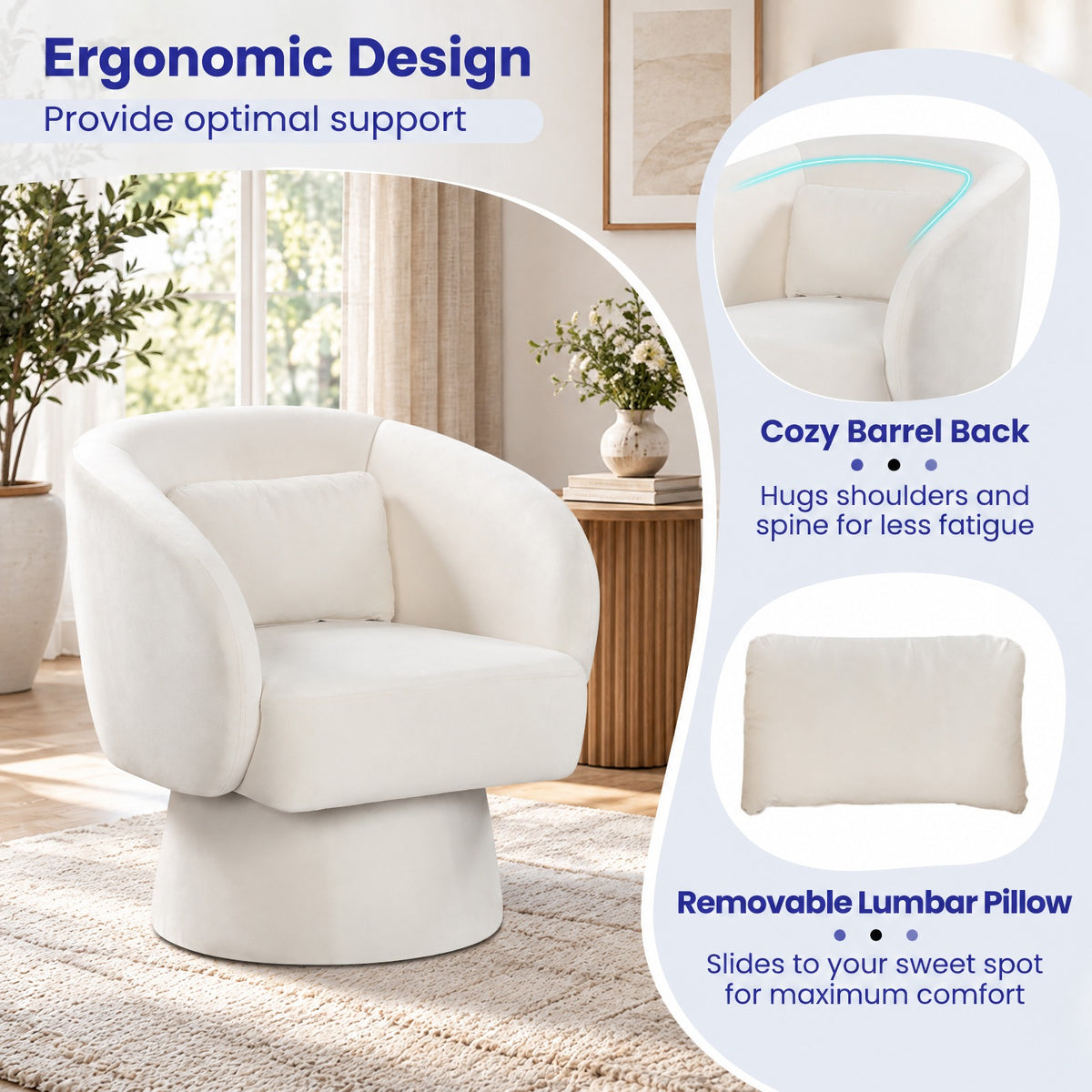 Airfind Swivel Accent Chair Upholstered Barrel Chair with Curved Back and Removable Lumbar Pillow, 400 lbs Capacity, 28.5 x 26.5 x 30.5 Footprint