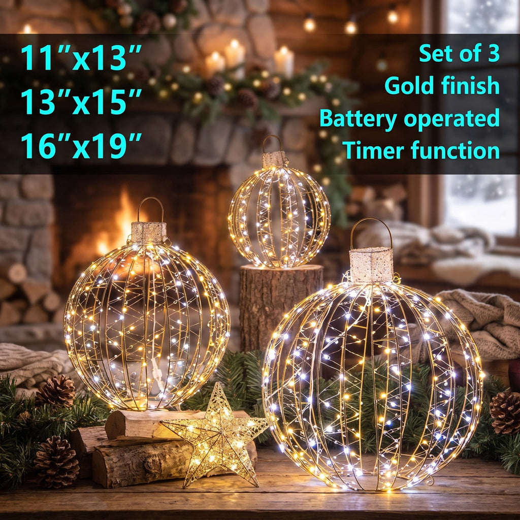 Airfind 3 Pack Christmas LED Light Balls with Cable Ties and 6 Stakes, Iron, 20.47 x 20.47 x 23.62 inch, Gold for Home, Patio and Everyday Use