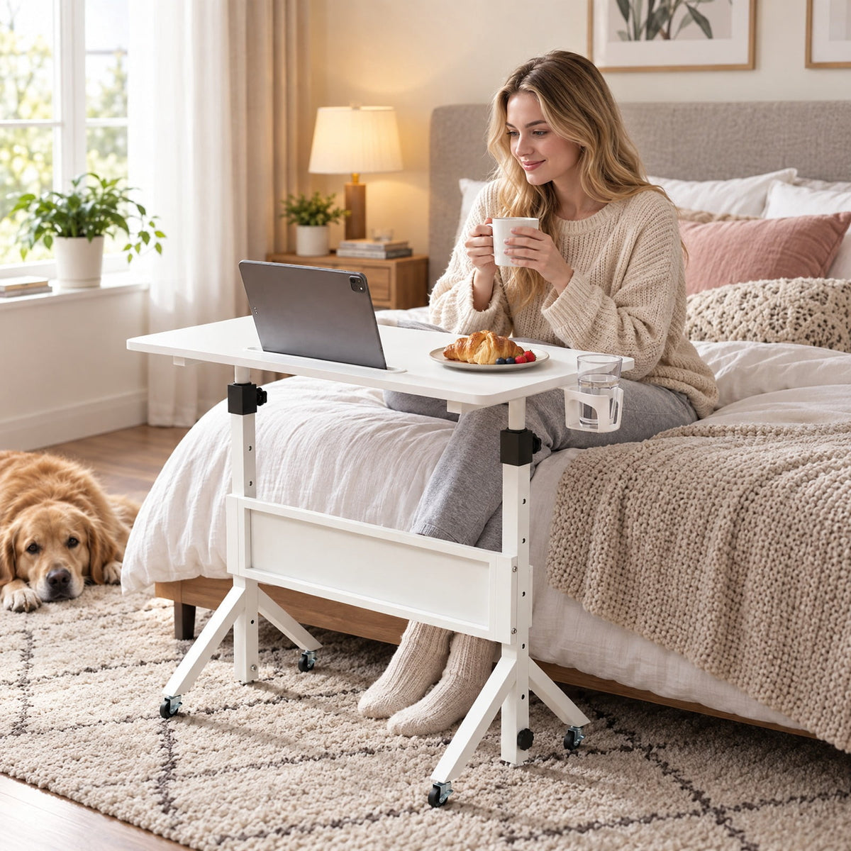 Airfind Mobile Standing Desk Height Adjustable Rolling Laptop Desk with Cup Holder Storage Basket, 110 lbs Capacity, White