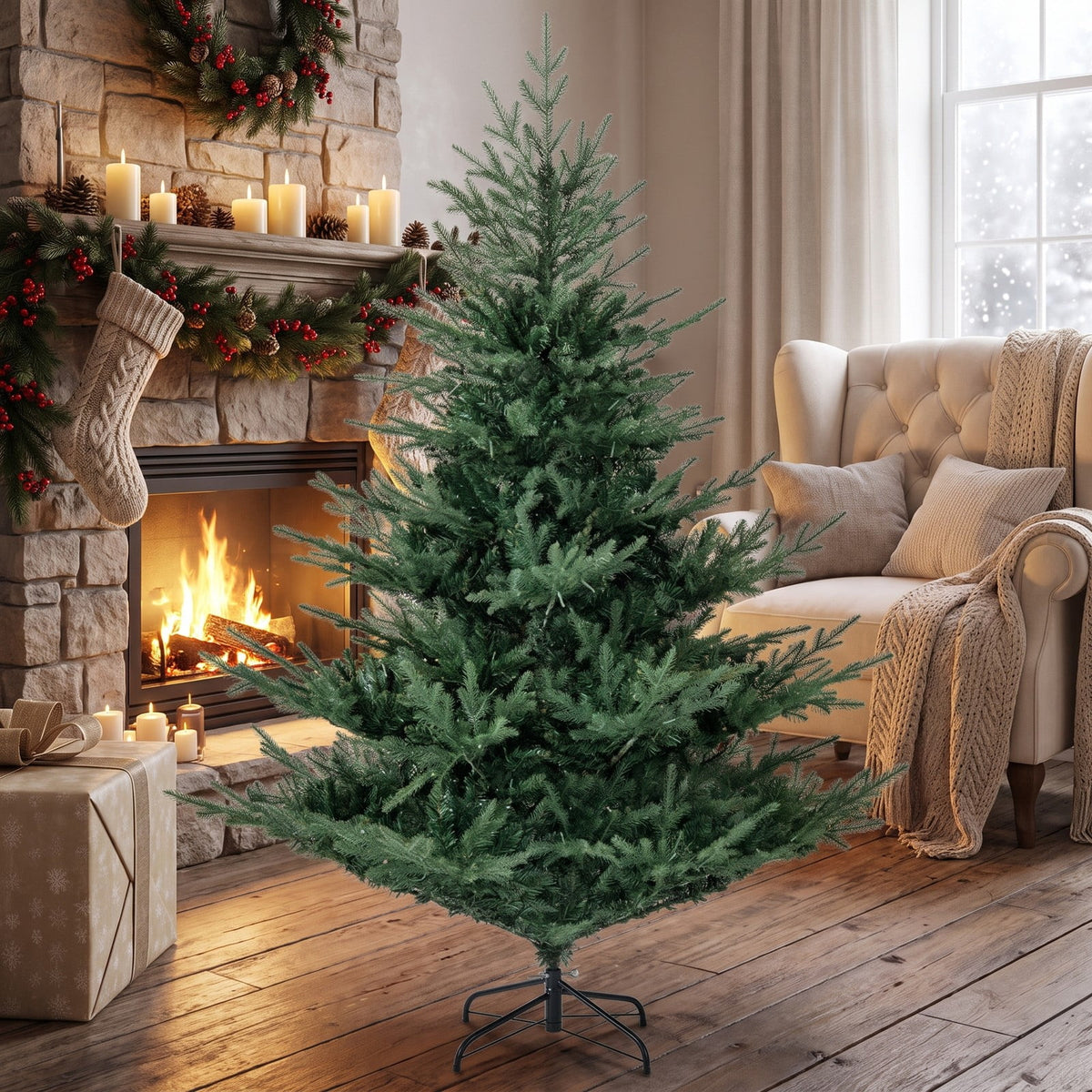 Airfind Artificial Christmas Tree with Branch Tips and Warm White LED Lights-6 Feet, White, Folding metal stand with protective foot pads