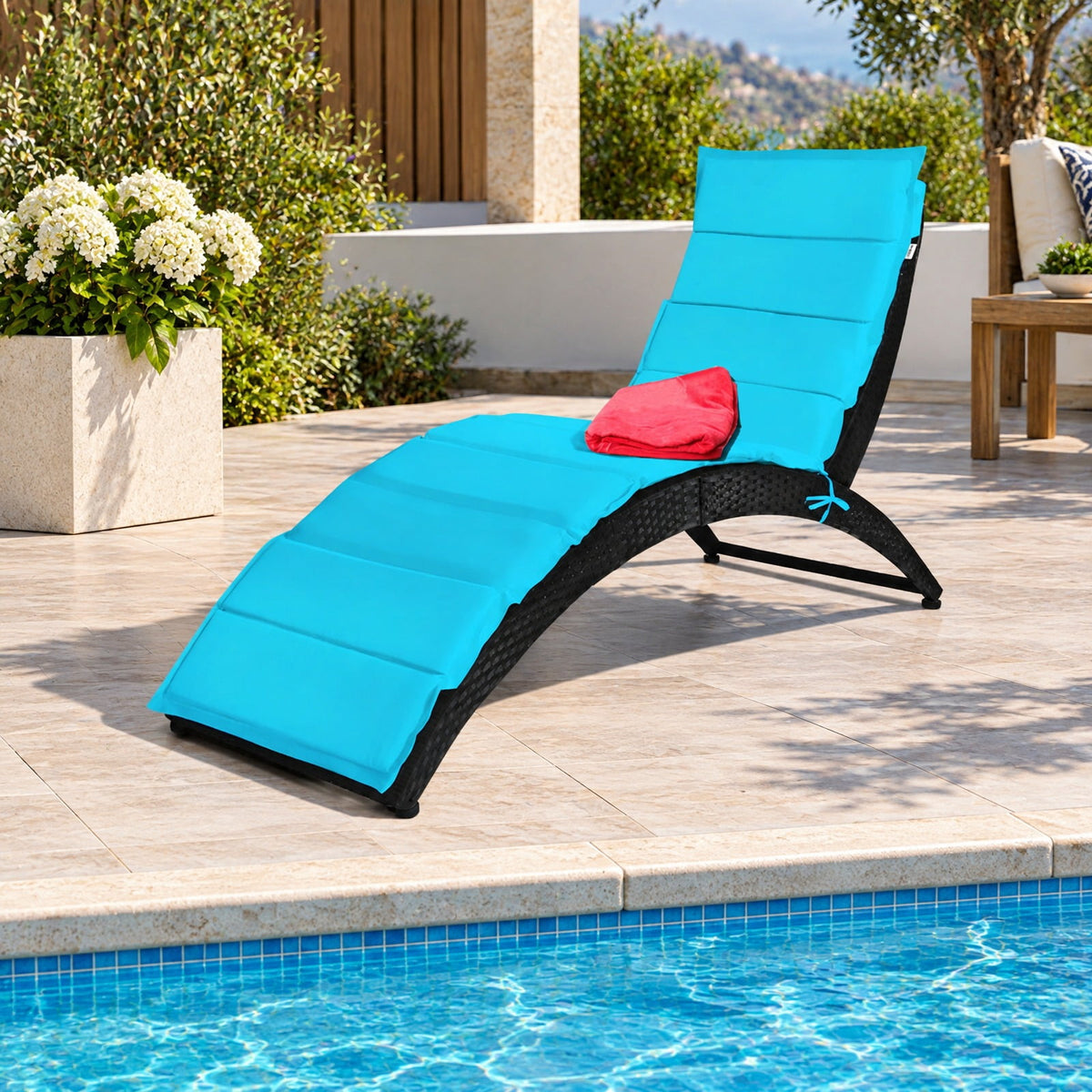 Airfind Folding Patio Rattan Portable Lounge Chair Chaise with Cushion, PE rattan steel non-woven fabric sponge Frame, Turquoise