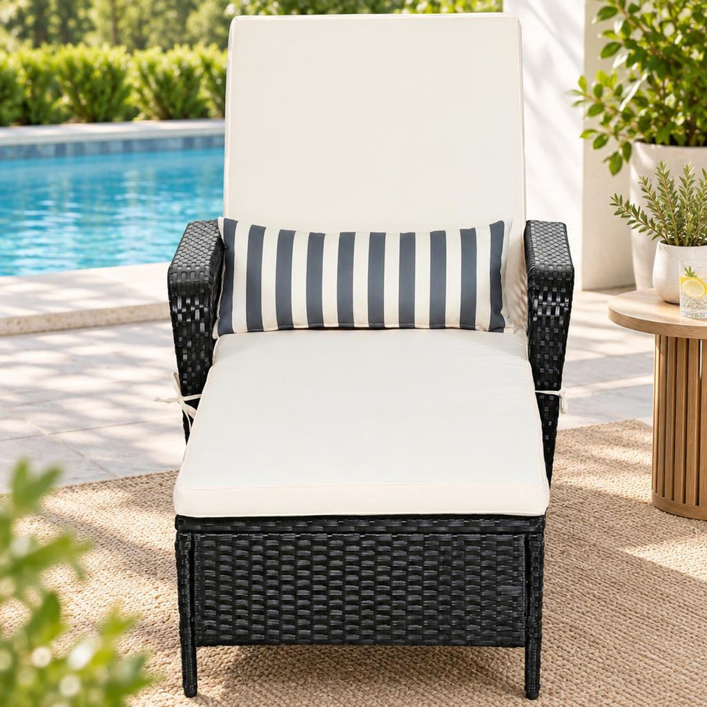 Airfind PE Rattan Armrest Chaise Lounge Chair with Adjustable Pillow, 400 lbs Capacity, Steel PE wicker rattan fabric foam Frame, White
