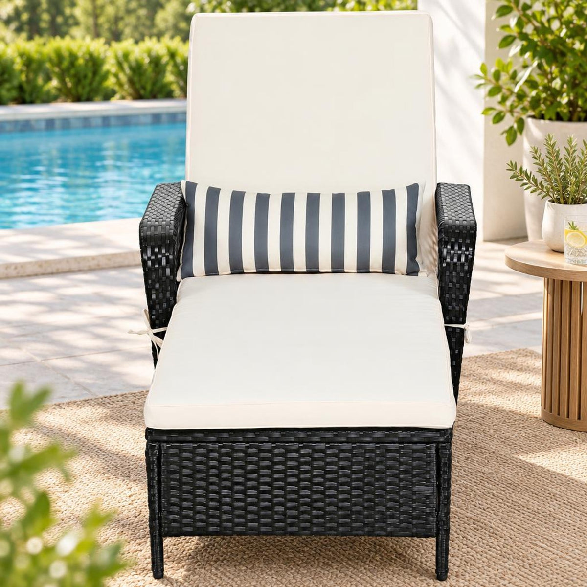 Airfind PE Rattan Armrest Chaise Lounge Chair with Adjustable Pillow, 400 lbs Capacity, Steel PE wicker rattan fabric foam Frame, White