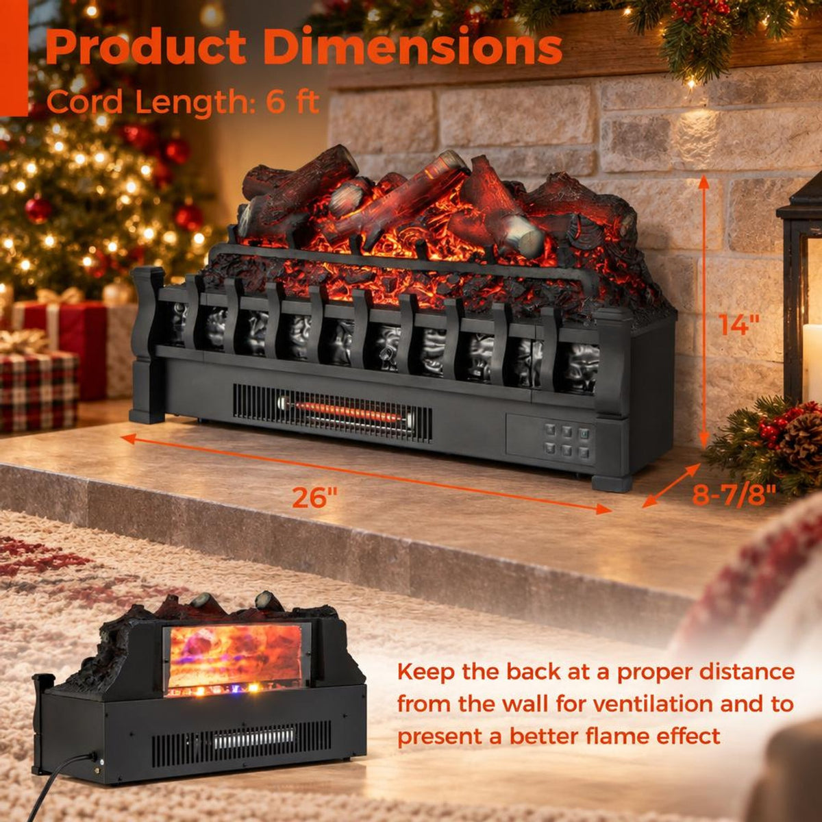 Airfind 26 Inch Electric Fireplace Heater with Remote Control and Realistic Lemonwood Ember Bed, Black