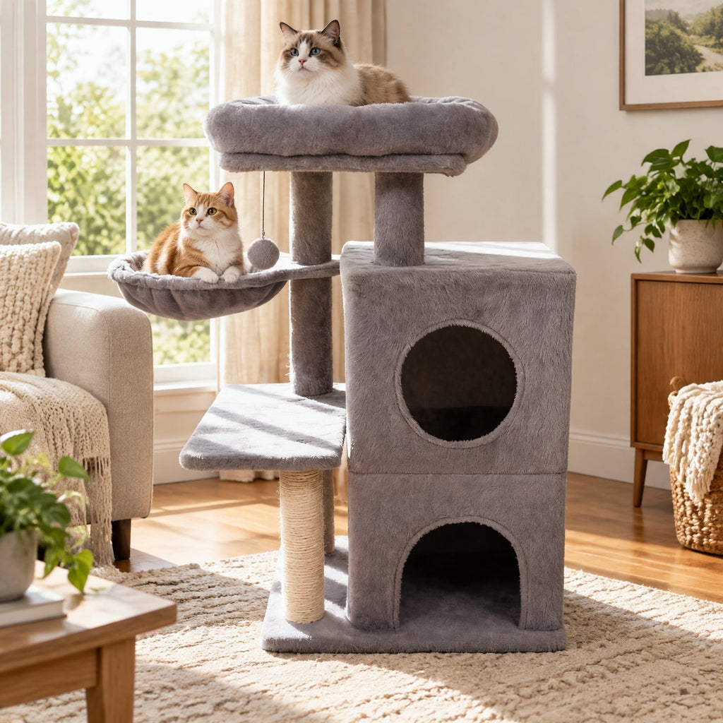 Airfind 33.5 Inch Cute Kitten Tower with 2-Tier Condo and Padded Top Perch, 22 lbs Capacity, Engineered Board Sisal Plush Fabric PP Polyester Frame