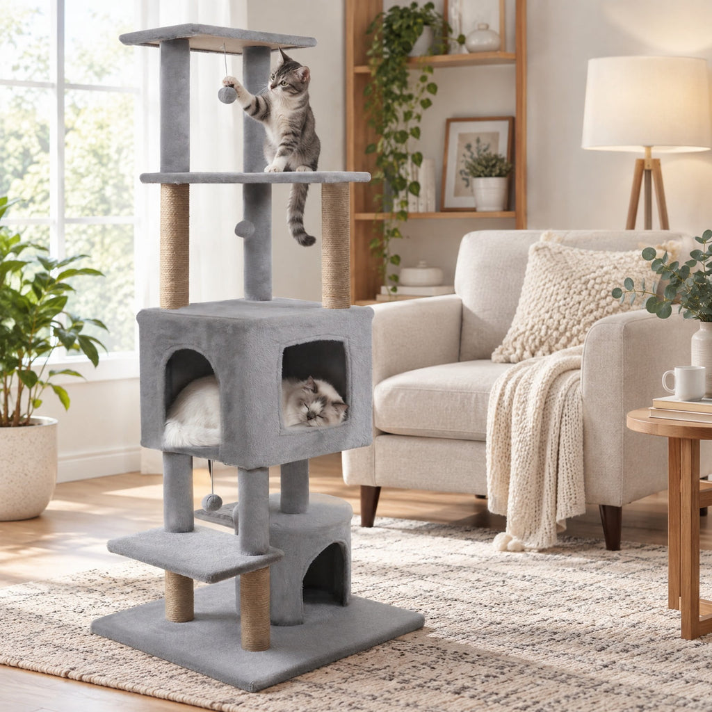 Airfind 64 Inch Tall Cat Tree with 2 Large Condos and Jute Scratching Posts for Indoor Adult Cats, 33 lbs Capacity, Light Grey