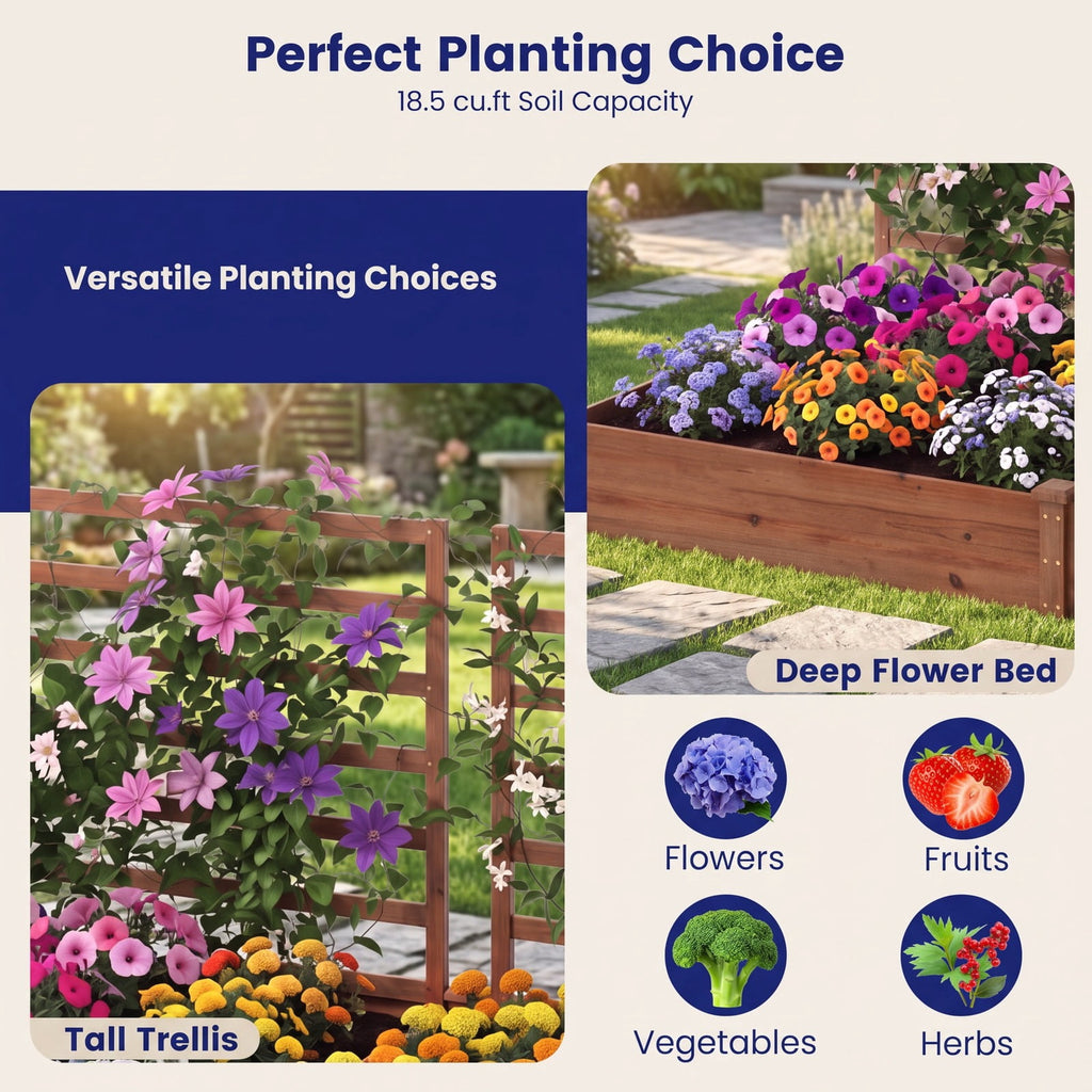 Airfind Raised Garden Bed with 2 Planter Boxes and 3 Trellis, 22 lbs Capacity, Fir Wood Frame, 88 x 45 x 43 (L x W x H) Interior Footprint, Brown