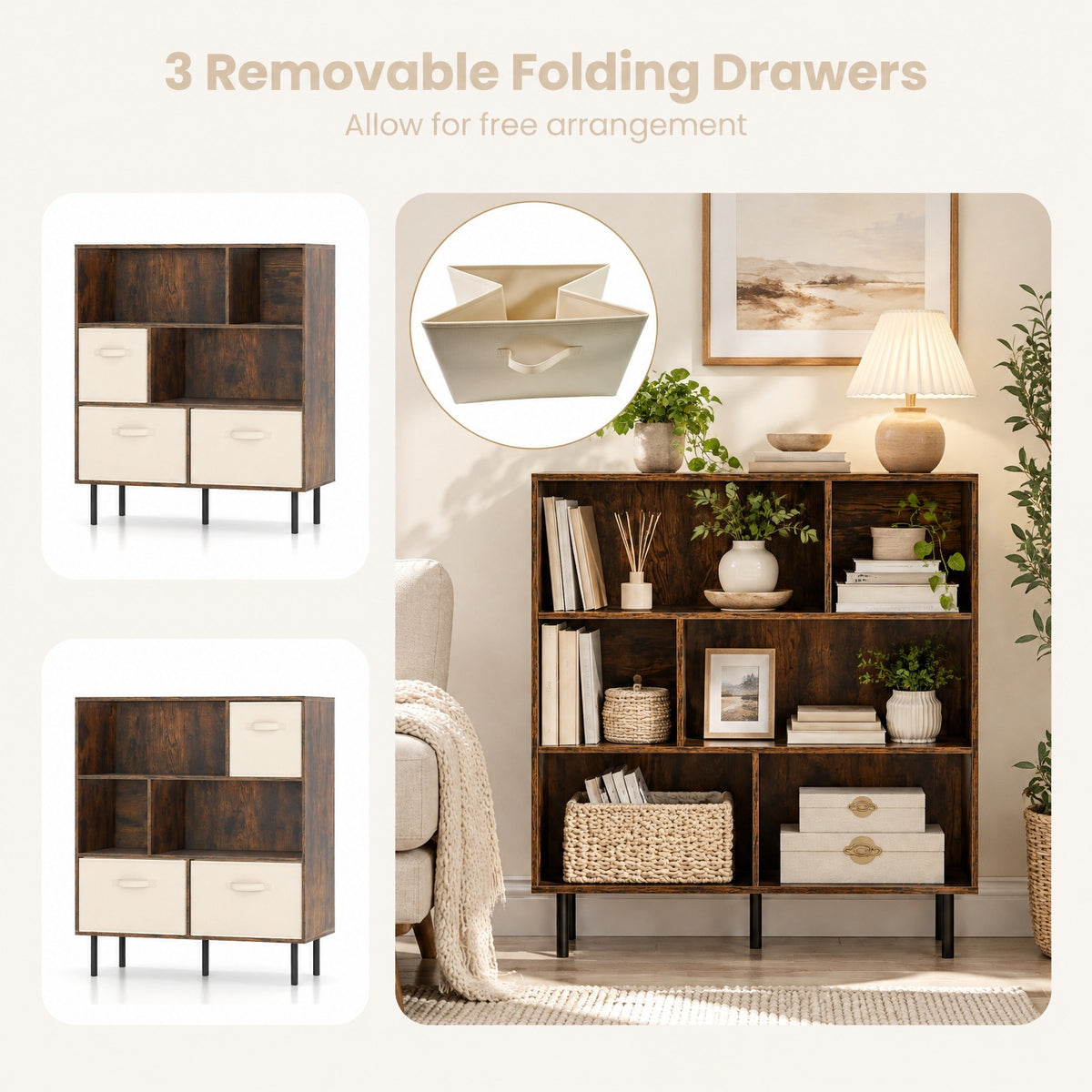 Airfind 6-Cube Bookshelf with 3 Removable Folding Fabric Drawers for Living Room, 330 lbs Capacity, Metal Engineered Wood Frame, Brown