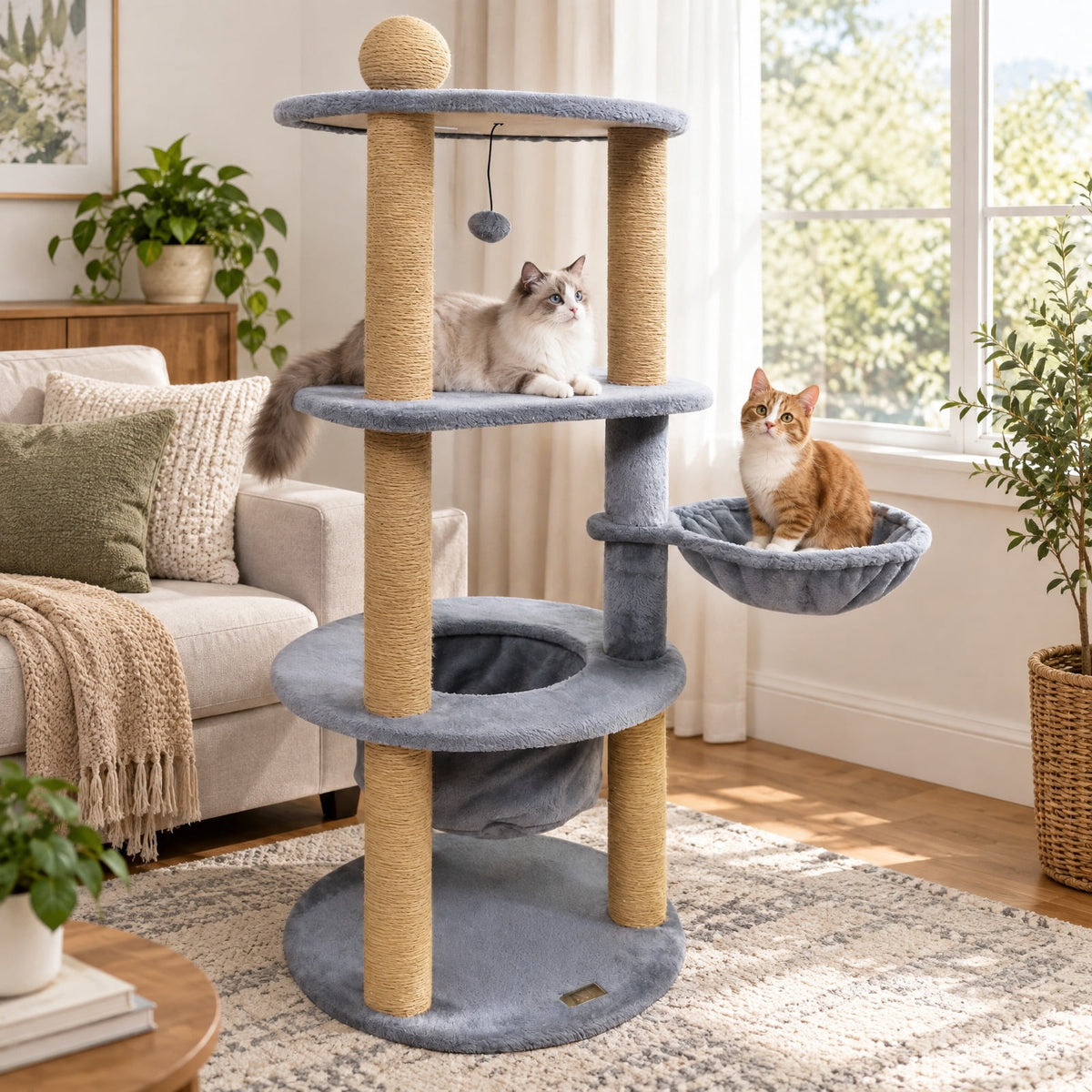Airfind 47 Inches Tall Cat Tower with Cat Nest and Scratching Posts, 33 lbs Capacity, Engineered Board Plush Jute Total Height 47 Base Frame, Gray