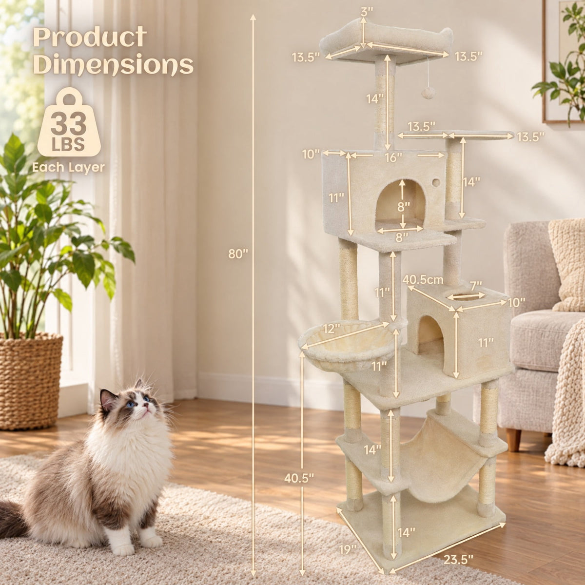 Airfind 80 Inches Tall Cat Tree with 2 Large Condos and Dangling Toys, 33 lbs Capacity, Engineered Board Sisal Plush Fabric Sponge Frame, Beige