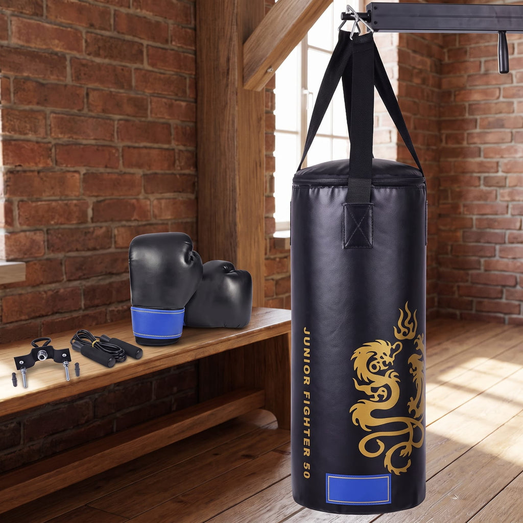 Airfind 5 Piece 40 Pound Filled Hanging Punching Bag Boxing Set with Gloves Jump Rope and Rucksack for Home Training, Black