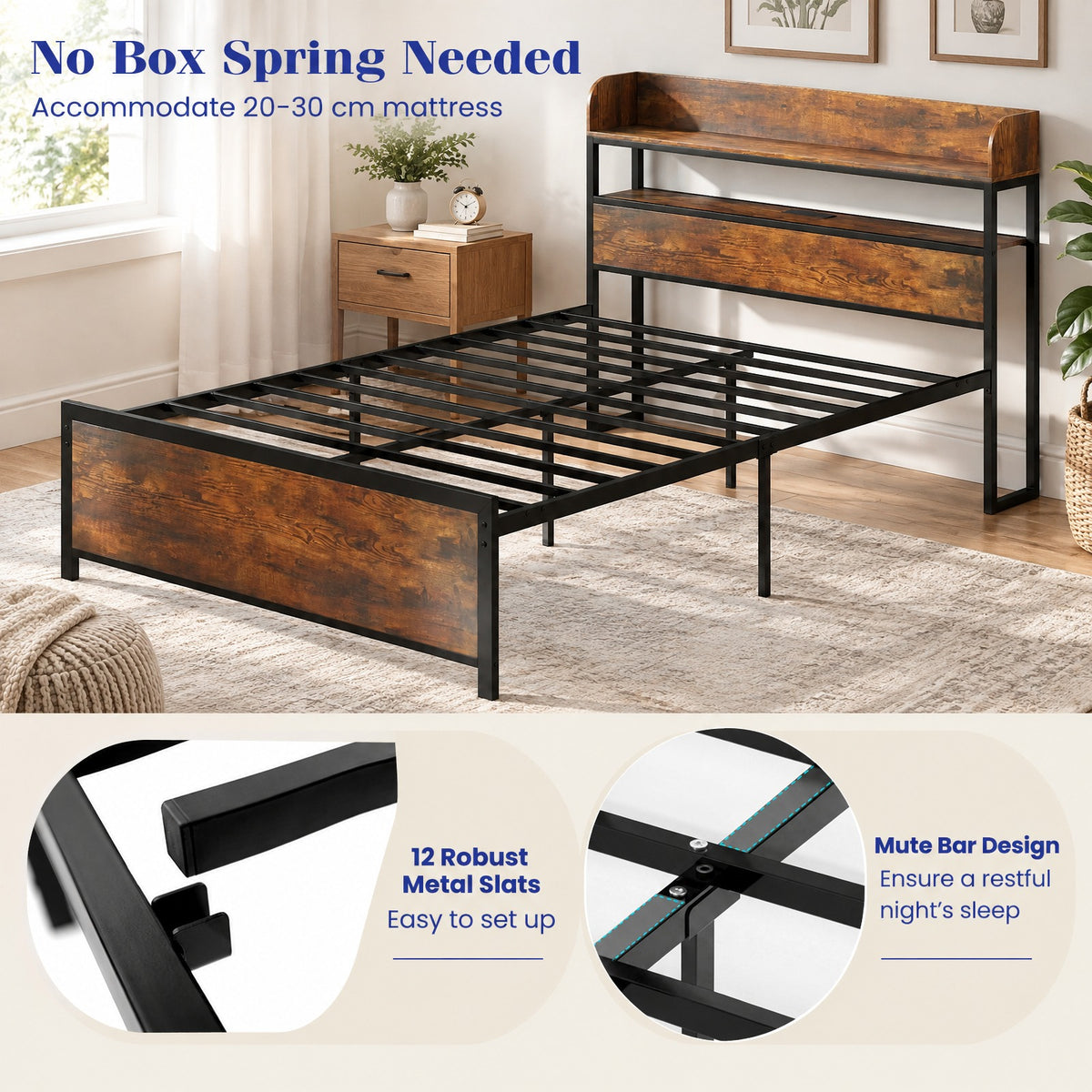 Airfind LED Bed Frame with Power Outlets and Storage Headboard, 1000 lbs Capacity, Engineered Wood Metal MDF Frame