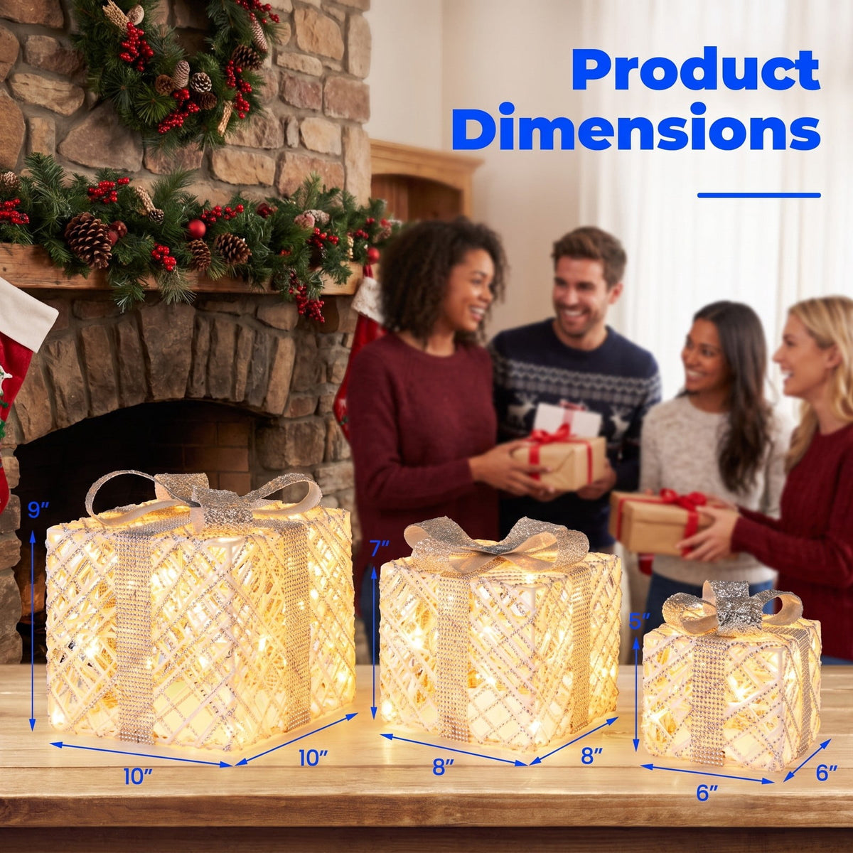 Airfind 3 Pack Christmas Lighted Gift Box with 50 LED Lights and Detachable Bows, PVC Metal Frame, 10in x 10in x 9in Footprint, White