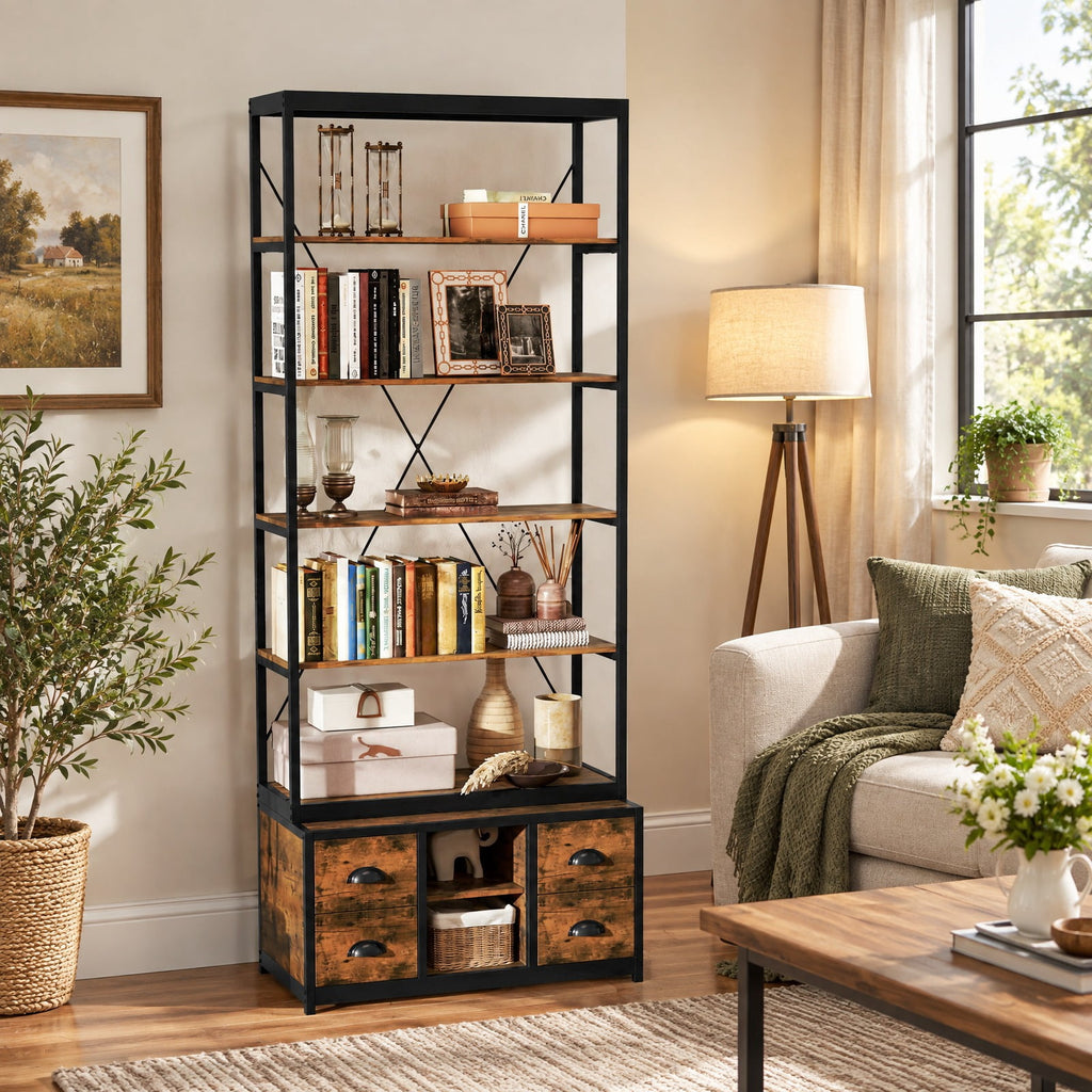 Airfind 8-tier Bookshelf with 4 Fabric Drawers and Heavy-duty Metal Frame, Coffee, Capacity of Shelf 66 lbsWeight