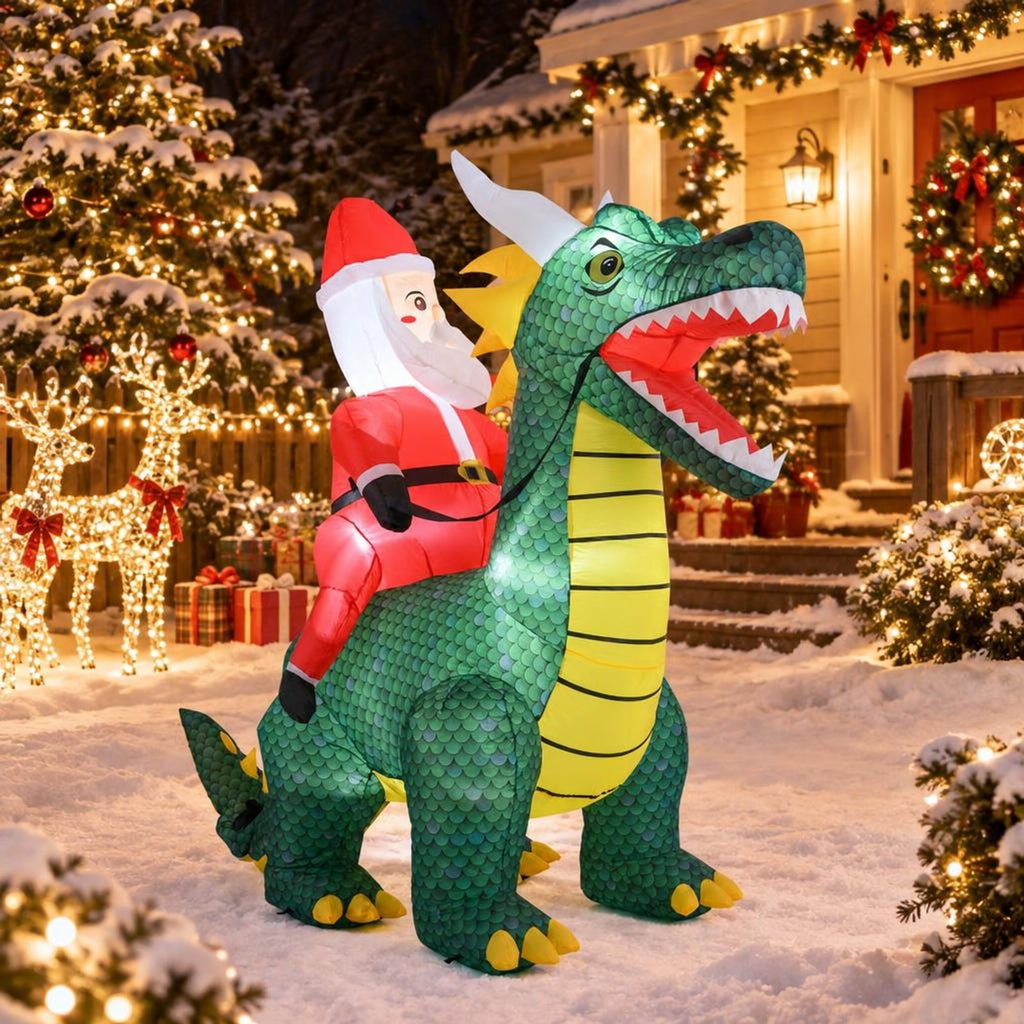 Airfind 6.7 Feet Christmas Inflatable Santa Claus Ride on Dinosaur with Built, Polyester Fabric Frame, 6.7 ft x 3 ft x 6 ft Footprint, Multi-color