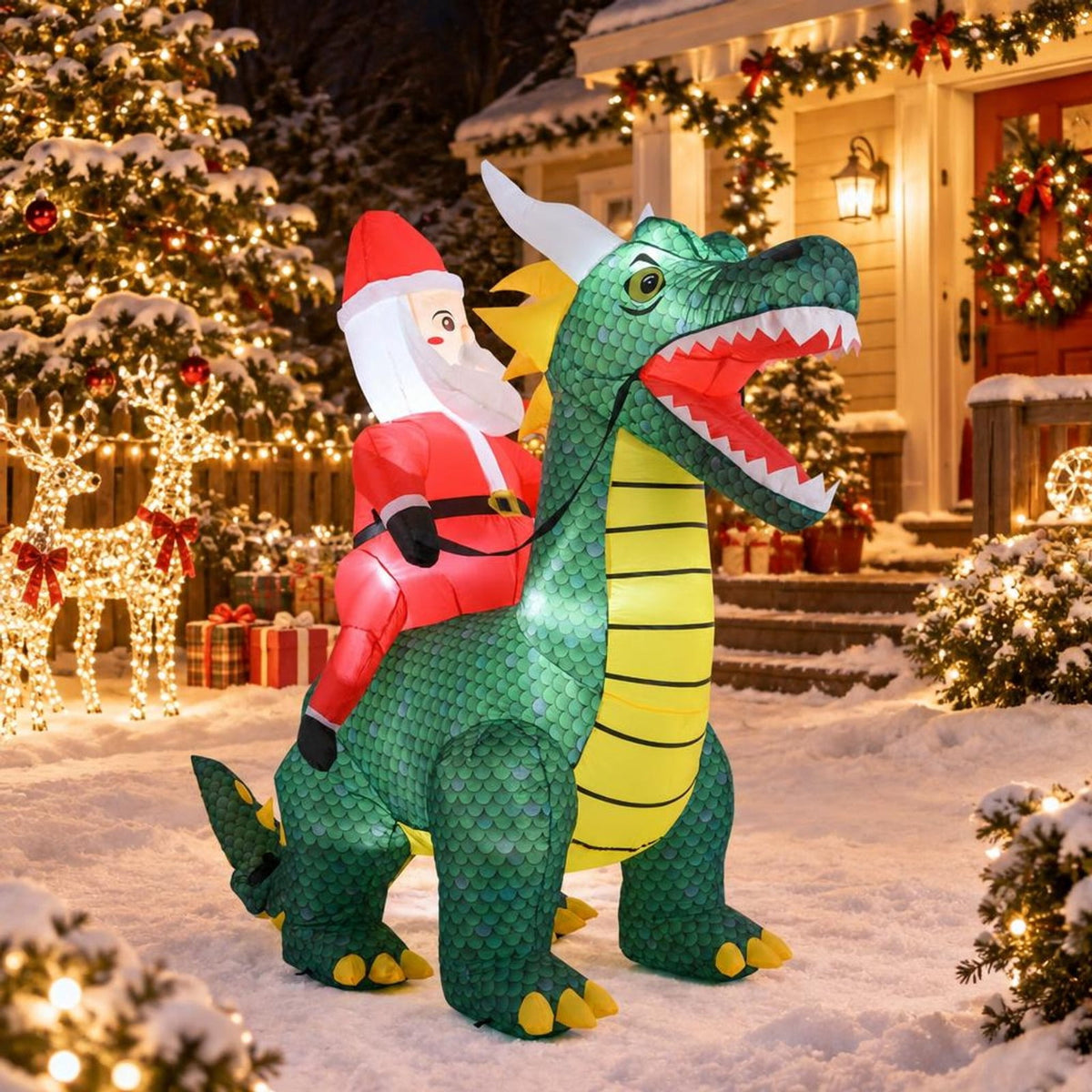 Airfind 6.7 Feet Christmas Inflatable Santa Claus Ride on Dinosaur with Built, Polyester Fabric Frame, 6.7 ft x 3 ft x 6 ft Footprint, Multi-color