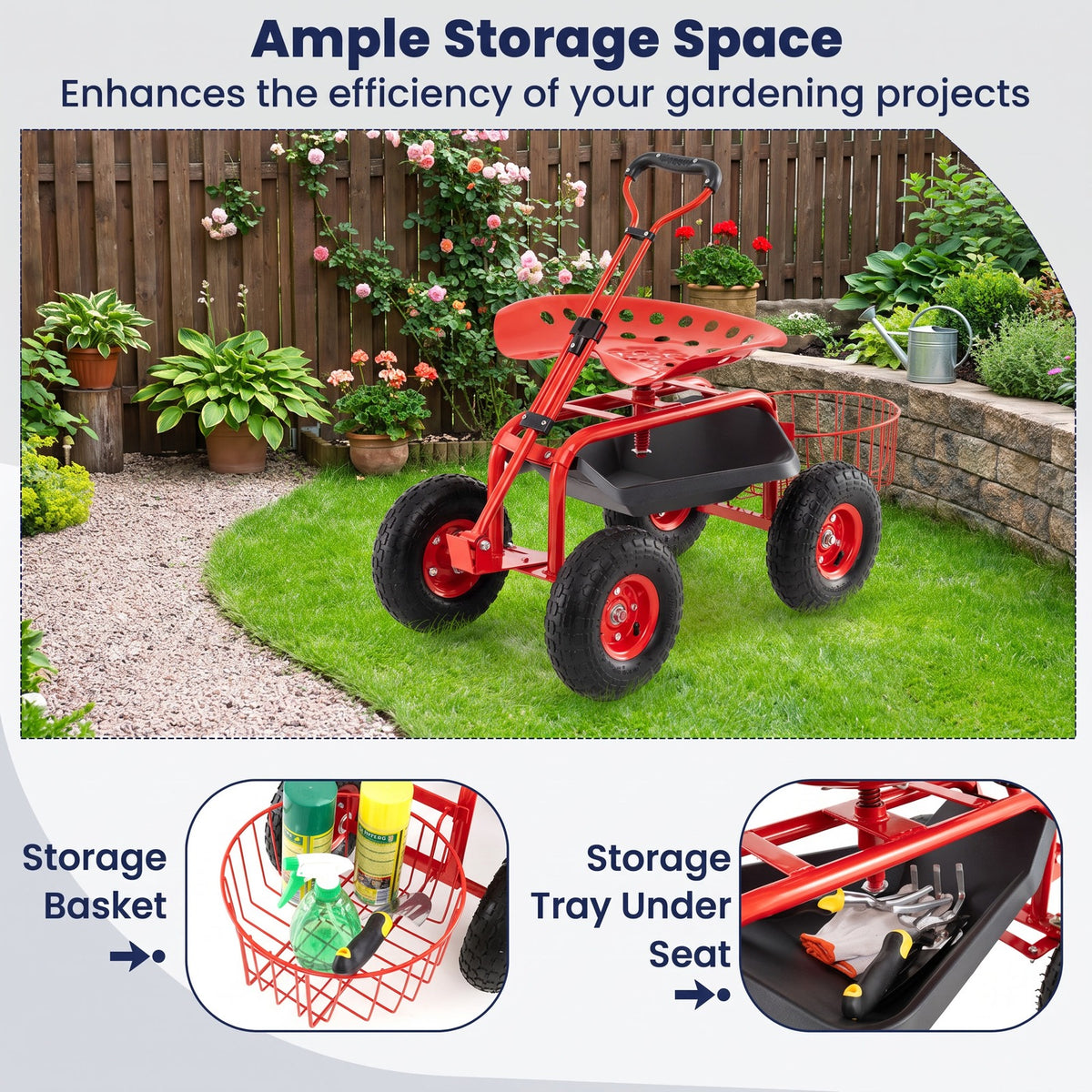 Airfind Heavy Duty Garden Cart with Tool Tray and 360 Swivel Seat, 330 lbs Capacity, Steel Rubber Plastic Frame, 38 x 17 x Footprint, Red