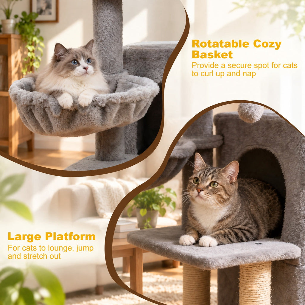 Airfind 33.5 Inch Cute Kitten Tower with 2-Tier Condo and Padded Top Perch, 22 lbs Capacity, Engineered Board Sisal Plush Fabric PP Polyester Frame