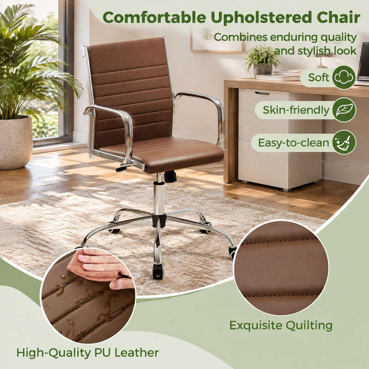Airfind Office Chair Height Adjustable Conference Room Chair with Rocking Backrest Armrests, 330 lbs Capacity, PU Leather Sponge Metal Frame, Brown