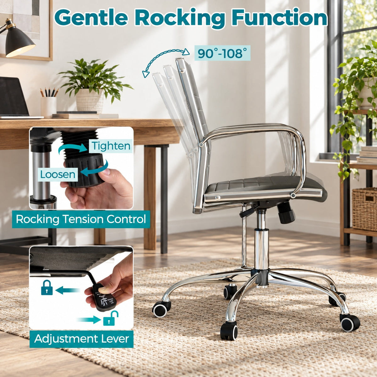 Airfind Office Chair Height Adjustable Conference Room Chair with Rocking Backrest Armrests, 330 lbs Capacity, PU Leather Sponge Metal Frame, Gray