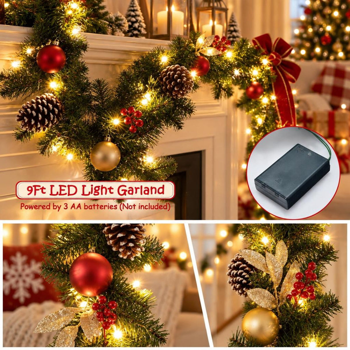 Airfind 9 Feet Pre-Lit Artificial Christmas Garland with LED Lights, New PVC pine needle Frame, Green