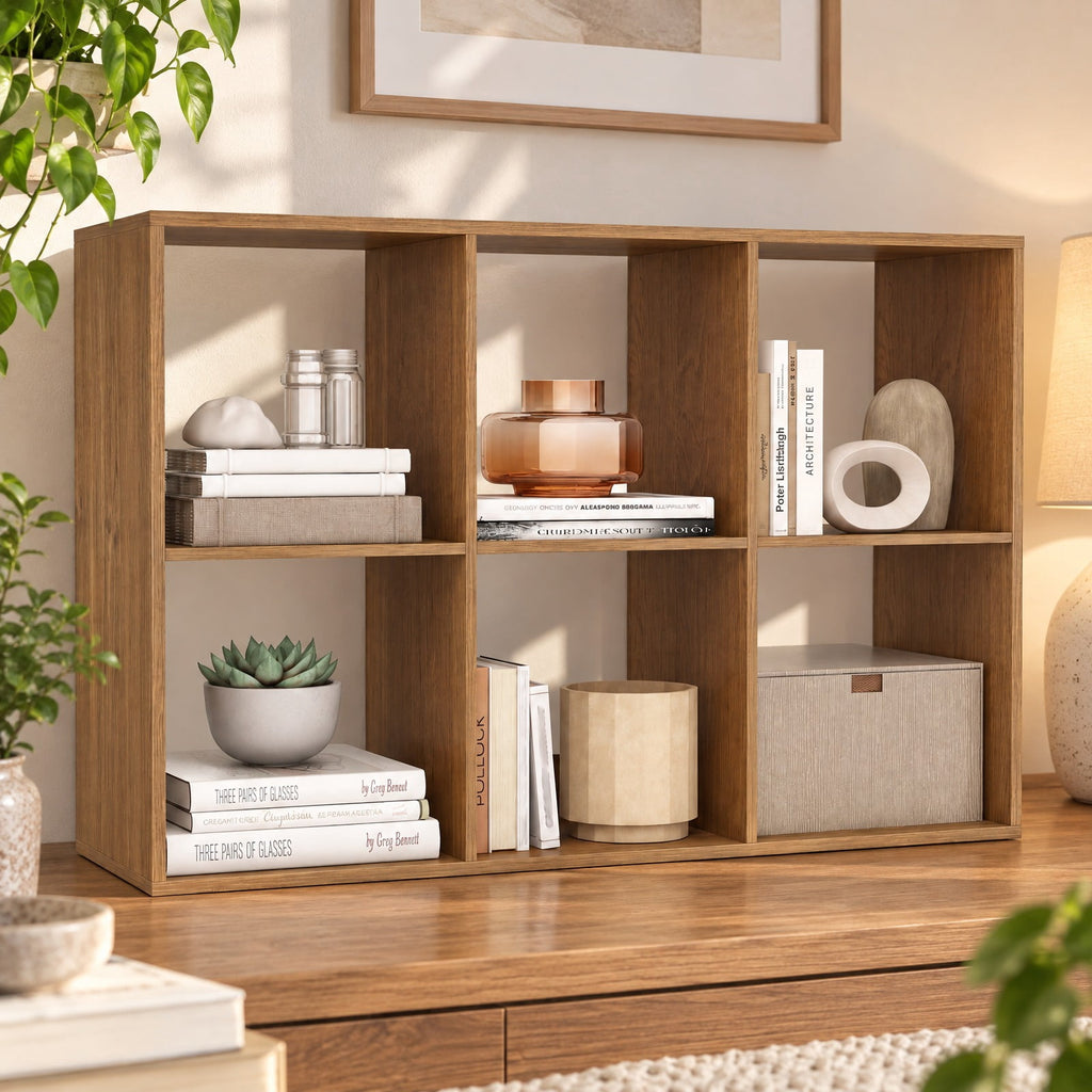 Airfind 6 Cube Bookshelf with Back Guardrail for Living Room Bedroom, 154 lbs Capacity, Engineered Wood Frame, 41 Inch x 13 Inch x 27.5 Inch Footprint, Natural