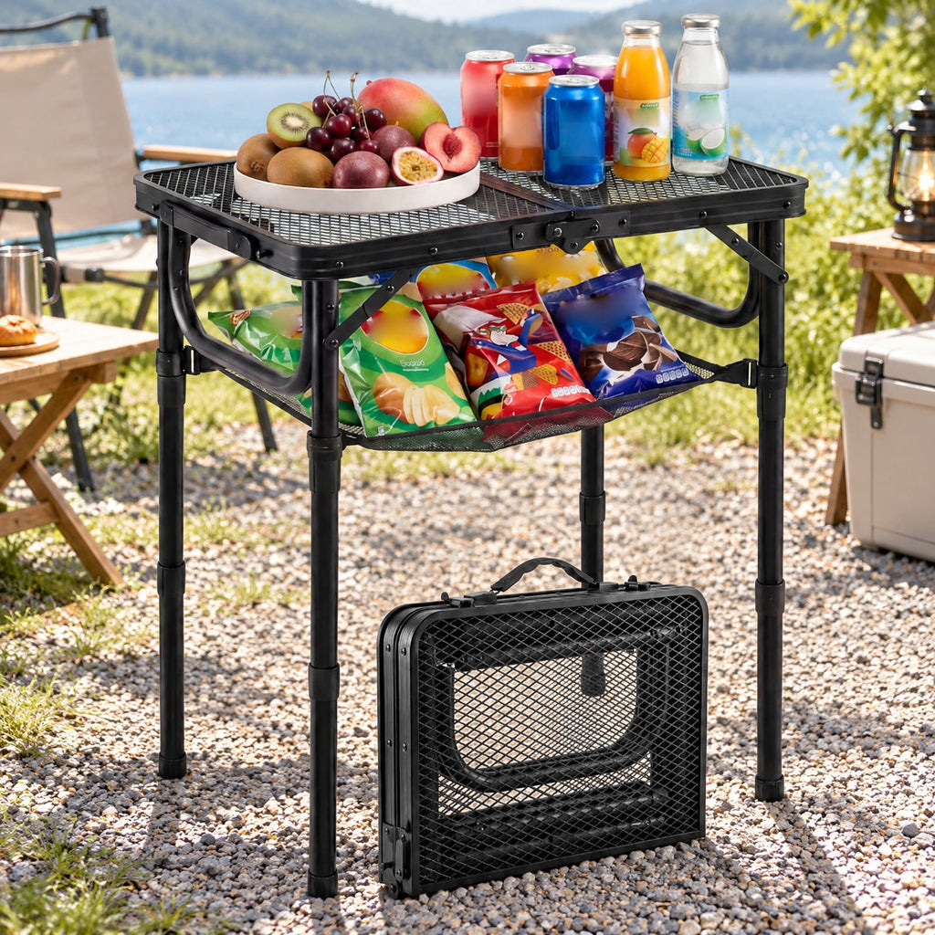 Airfind 3-Height Folding Picnic Table with Large Storage Net and Handle, 90 lbs Capacity, Aluminum Metal Nylon PP EVA Frame, Black