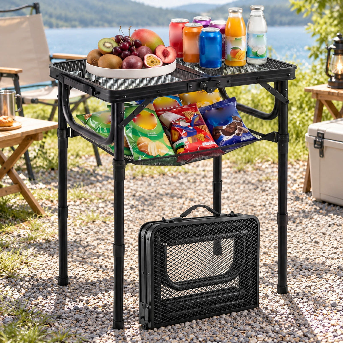 Airfind 3-Height Folding Picnic Table with Large Storage Net and Handle, 90 lbs Capacity, Aluminum Metal Nylon PP EVA Frame, Black