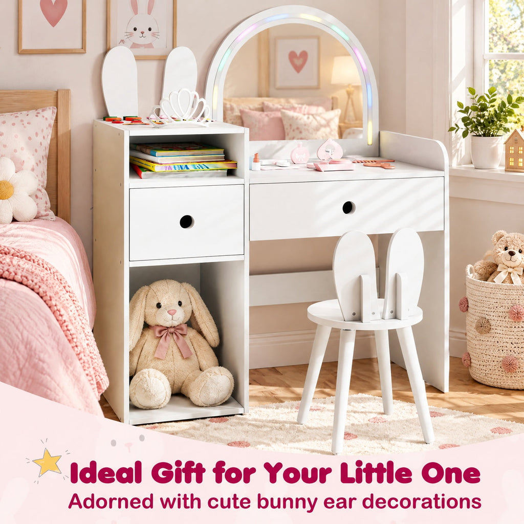 Airfind Kids Vanity Desk and Chair Set with Lights Open Shelves, 110 lbs Capacity, MDF Frame, 31.5 x 15.5 x 37.5 Tabletop Footprint, White