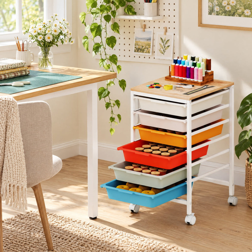Airfind 6-Drawer Rolling Storage Cart with Wooden Tabletop, 35 lbs Capacity, MDF PP Metal, 14.5 Inch x 13 Inch x 22.5 Inch , Natural + White