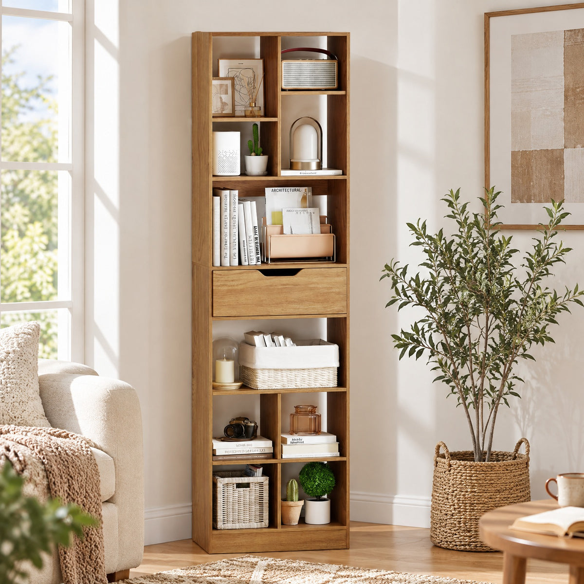 Airfind 71inch Tall Freestanding Bookcase with Drawer 10-Cube Storage Organizer, 205 lbs Capacity, Engineered Wood MDF Frame, Natural