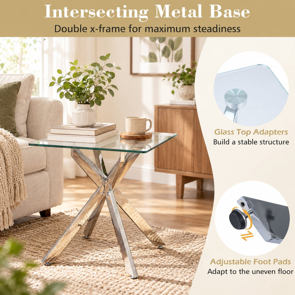 Airfind Glass Side Table Square End Table with Tempered Glass Top and Metal X Base, 20 Inch x 20 Inch x 22.5 Inch Load Footprint, Silver
