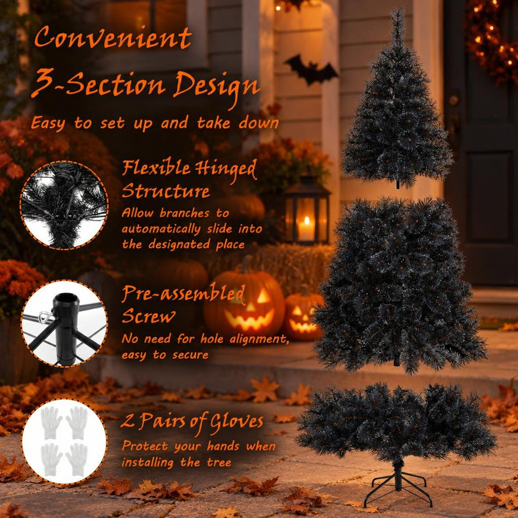 Airfind 6/7/8 Feet Black Artificial Halloween Christmas Tree with PVC Branch Tips and 210/320/450 Cool White LED Lights, Black