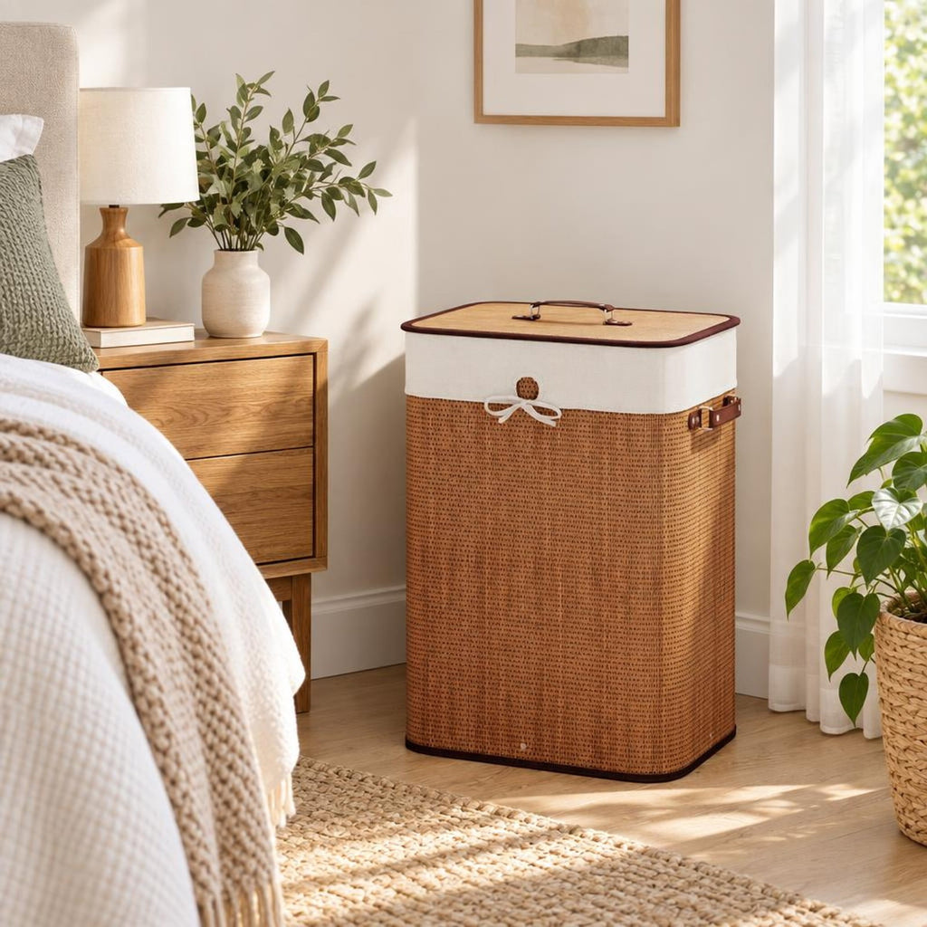 Airfind 19 Gal Rectangle Laundry Basket Bamboo Clothes Hamper with Handles and Lid, Bamboo and polyester cotton Frame, Yellow