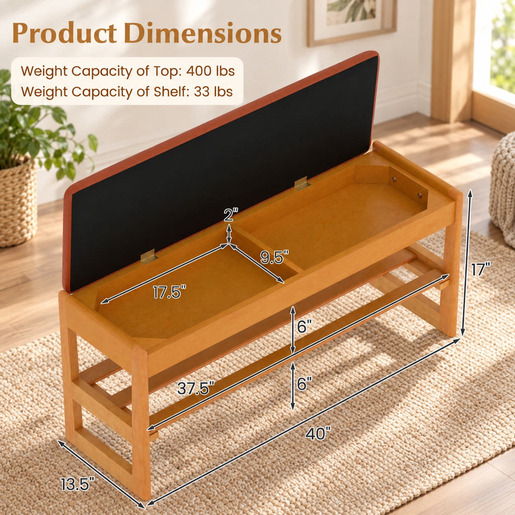Airfind Shoe Rack Bench with Storage 2-Tier Rubberwood Entryway Bench with Flip-Open Storage, 400 lbs Capacity, 40in x 13.5in x 17in Footprint, Brown