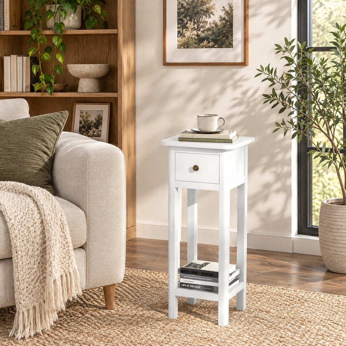 Airfind 2 Tier Slim Nightstand Bedside Table with Drawer Shelf, 155 lbs Capacity, Acacia Wood MDF Frame, 11.5 x 13.5 x 31.5 Footprint, White