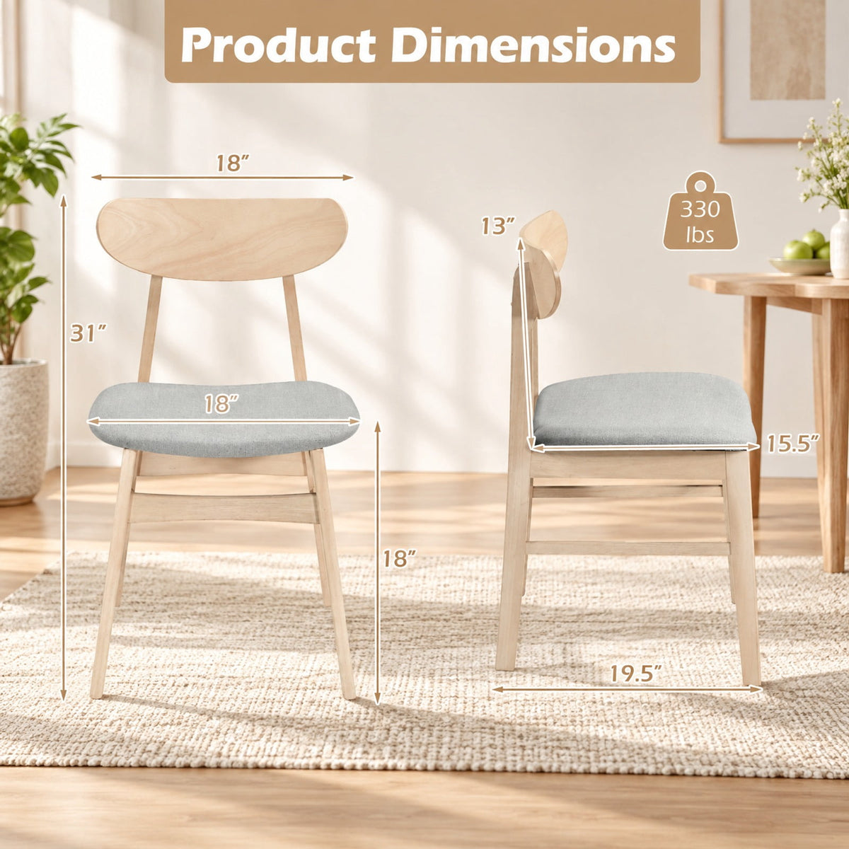 Airfind Dining Chair Set of 2 Fabric Upholstered Kitchen Armless Chairs, 330 lbs Capacity, Rubber Wood Polyester Fabric Sponge LVL Frame, Natural