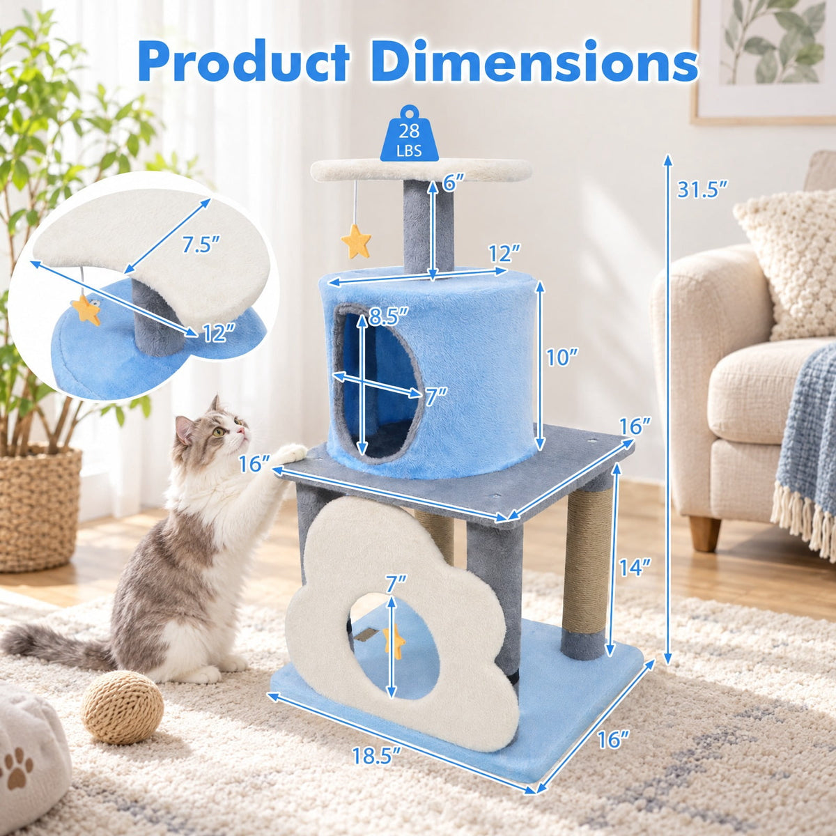 Airfind 31.5 Inch Cute Modern Cat Tree Multi-Level Kitten Tower, Engineered Board Plush Fabric Sponge Jute, 18.5 Inch X 16 Inch X 31.5 Inch Condo, Blue
