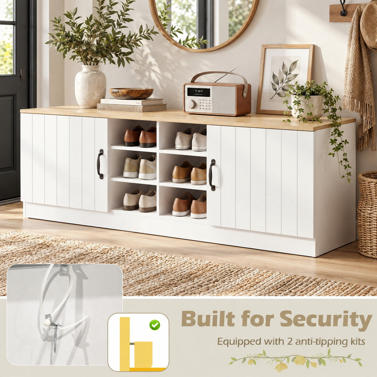 Airfind 2-Door Shoe Bench Storage Cabinet with Adjustable Shelves, 300 lbs Capacity, Engineered Wood MDF Frame, 59in x 16in x 19in Footprint, Natural