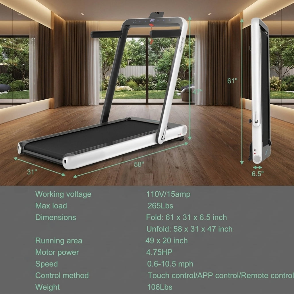 Airfind 4.75 HP 2-in-1 Walk-to-Run Folding Treadmill with App Sync Running Walking Treadmill for Home Supports 265 lbs, White