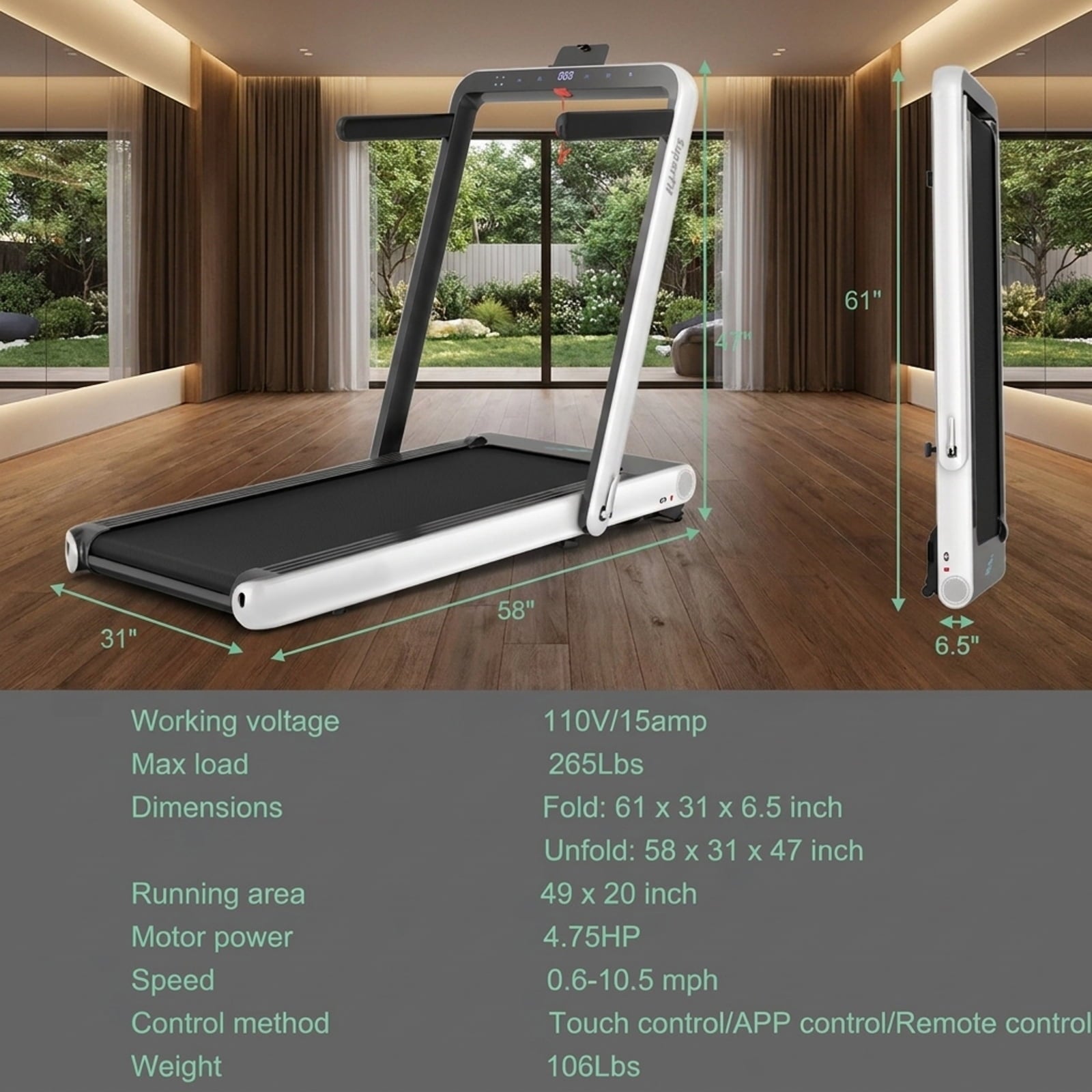 Airfind 4.75HP 2-in-1 Walk-to-Run Folding Treadmill with APP Sync, White