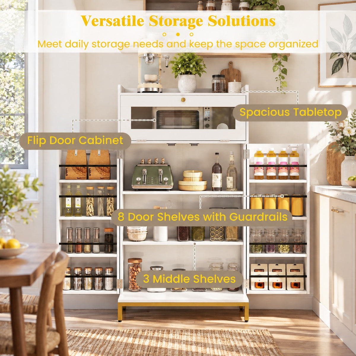 Airfind Kitchen Pantry Cabinet Freestanding Food Storage Cupboard, 70 lbs Capacity, MDF Metal Acrylic Frame, 23.5in x 12in x 43.5in Footprint, White